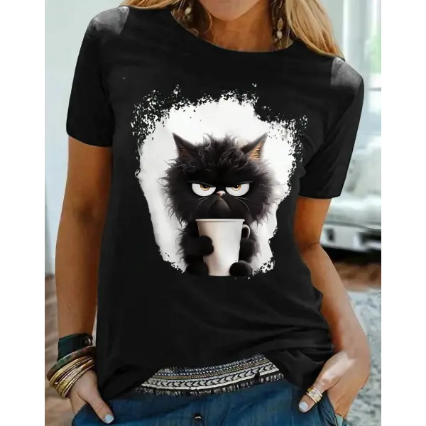 Women’s Funny Cat Print T-Shirt - Black Summer Graphic Tee for Daily Wear & Weekend Fashion - FQ2006T black / XS