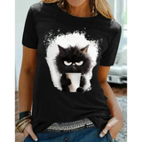 Women’s Funny Cat Print T-Shirt - Black Summer Graphic Tee for Daily Wear & Weekend Fashion