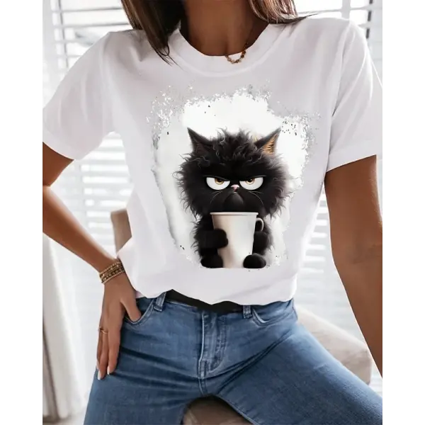 Women’s Funny Cat Print T-Shirt - Black Summer Graphic Tee for Daily Wear & Weekend Fashion - FQ2006R / XS