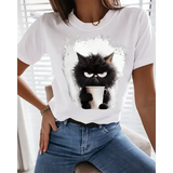 Women’s Funny Cat Print T-Shirt - Black Summer Graphic Tee for Daily Wear & Weekend Fashion - FQ2006R / XS