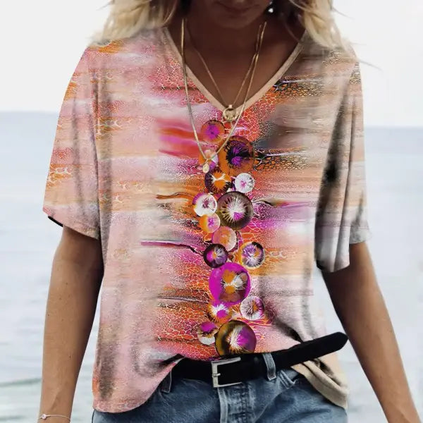 Women’s Summer Gradient Graphics V Neck Plus Size Tops - 24Q1WTX024-XK11220 / XL