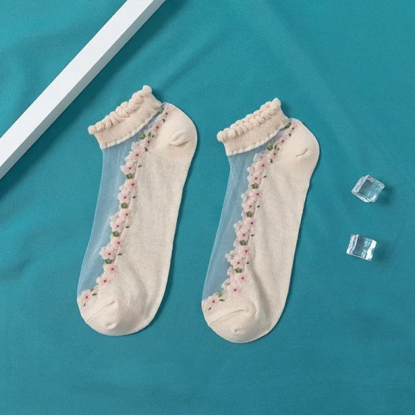 Women's Thin Spun Glass Lace Crystal Boat Socks - Himpall