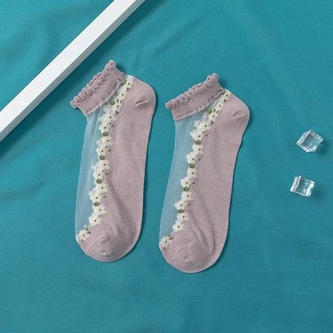 Women's Thin Spun Glass Lace Crystal Boat Socks - Himpall
