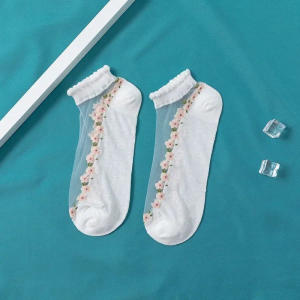 Women's Thin Spun Glass Lace Crystal Boat Socks - Himpall