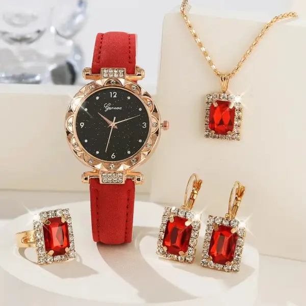Elegant 5 Piece Womens Round Leather Watch and Jewelry Set - HHS