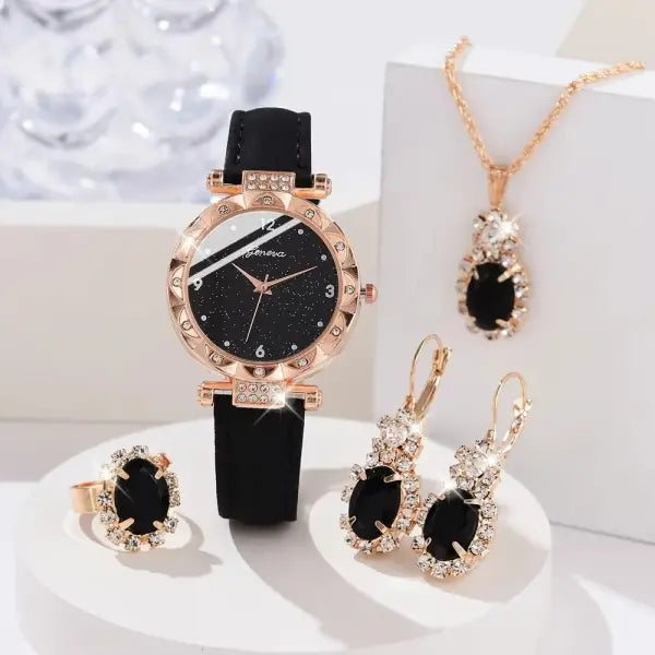 Women’s 5-Piece Leather Watch & Jewelry Set – Elegant Round Dial Gift Set - HS