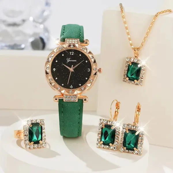 Elegant 5 Piece Womens Round Leather Watch and Jewelry Set - LS