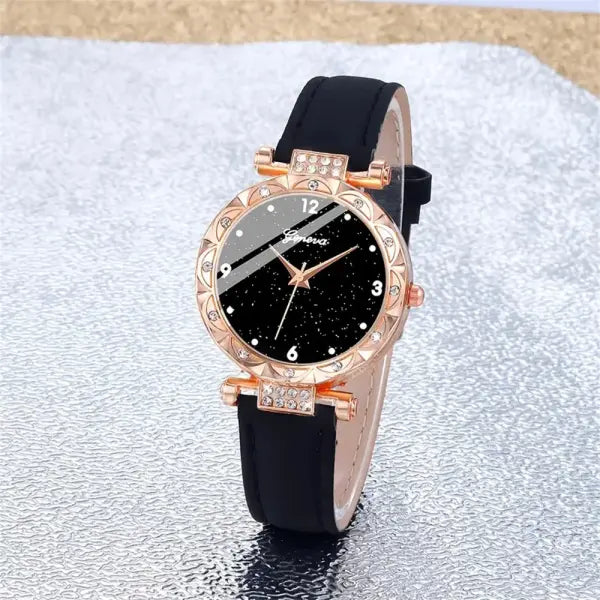 Elegant 5 Piece Womens Round Leather Watch and Jewelry Set