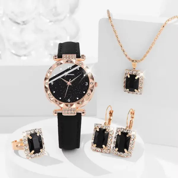 Elegant 5 Piece Womens Round Leather Watch and Jewelry Set - HS 1