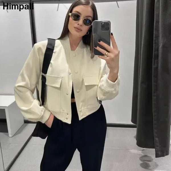 Women’s White Bomber Jacket Cropped Aviator Coat for Autumn Winter