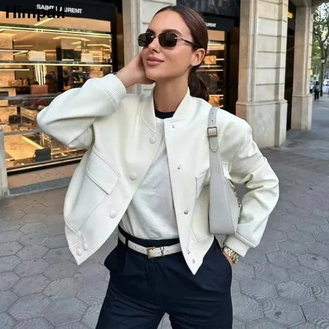 Women’s White Bomber Jacket Cropped Aviator Coat for Autumn Winter