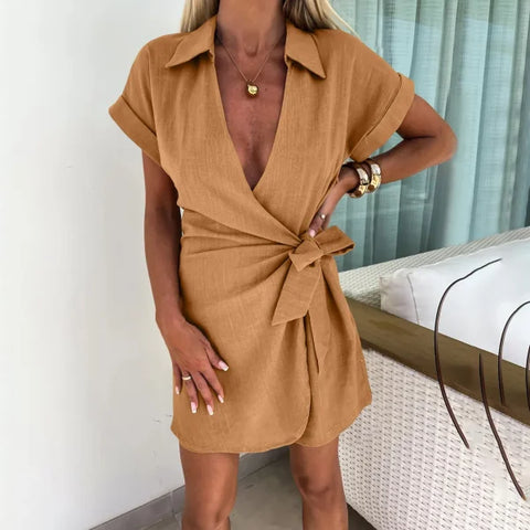 Women’s Wide Leg Jumpsuit – Summer Cotton Linen Romper Outfit комбинезон женский - Coffee / L / CN