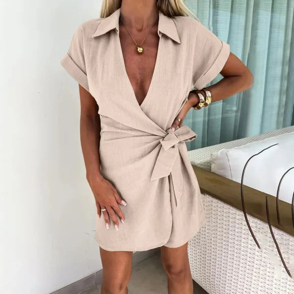 Women’s Wide Leg Jumpsuit – Summer Cotton Linen Romper Outfit комбинезон женский - Beige / L / CN
