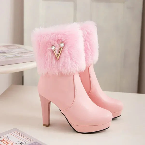 Women’s Winter Boots – Fur Zipper Crystal Thick Heel Short Tube Shoes - Himpall
