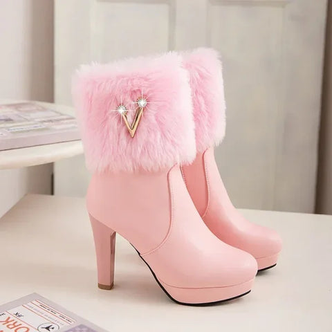 Women’s Winter Boots – Fur Zipper Crystal Thick Heel Short Tube Shoes - Himpall