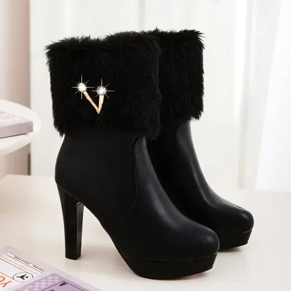 Women’s Winter Boots – Fur Zipper Crystal Thick Heel Short Tube Shoes - Himpall