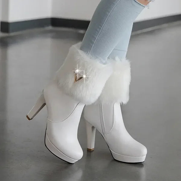 Women’s Winter Boots – Fur Zipper Crystal Thick Heel Short Tube Shoes - Himpall