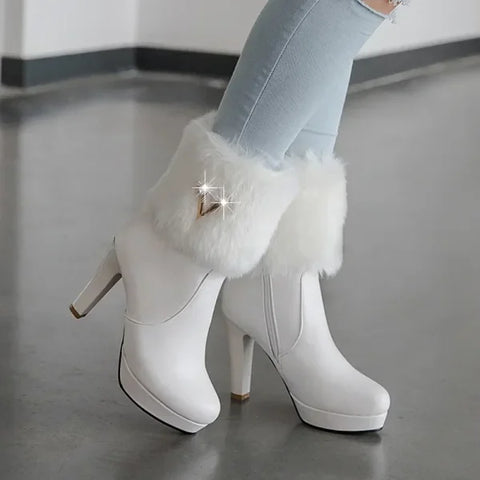 Women’s Winter Boots – Fur Zipper Crystal Thick Heel Short Tube Shoes - Himpall