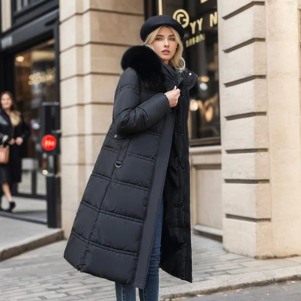 Women’s Winter Slim Long Jacket with Fur Hood and Stylish Belt - Himpall