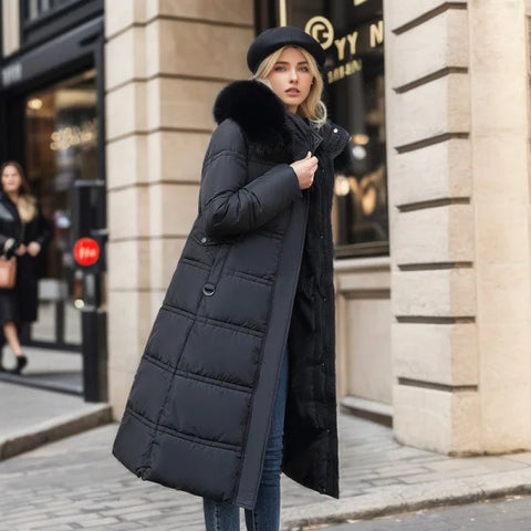Women’s Winter Slim Long Jacket with Fur Hood and Stylish Belt - Himpall