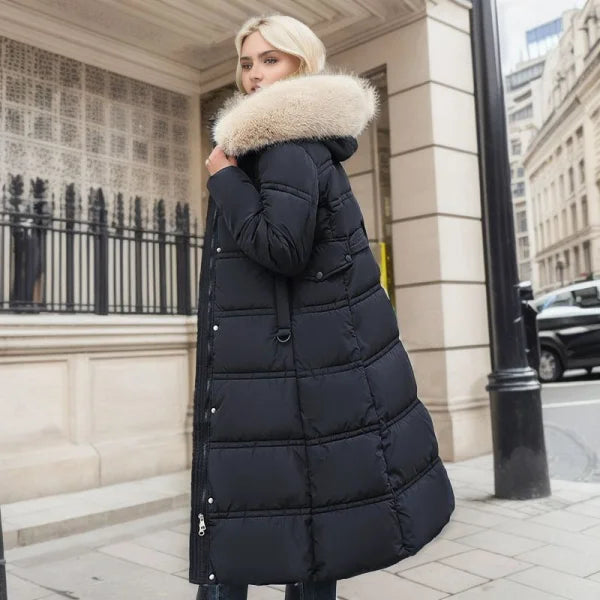 Women’s Winter Slim Long Jacket with Fur Hood and Stylish Belt - Himpall