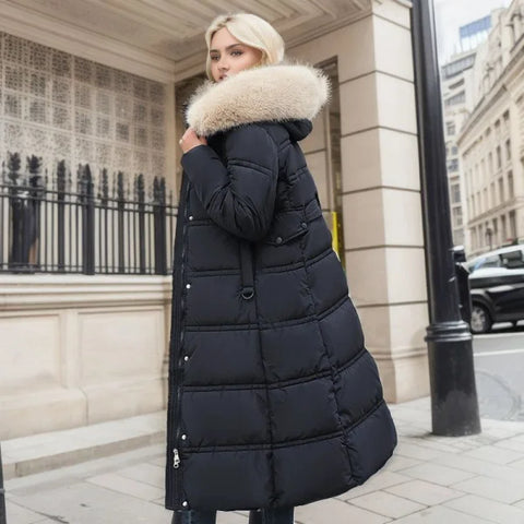 Women’s Winter Slim Long Jacket with Fur Hood and Stylish Belt - Himpall