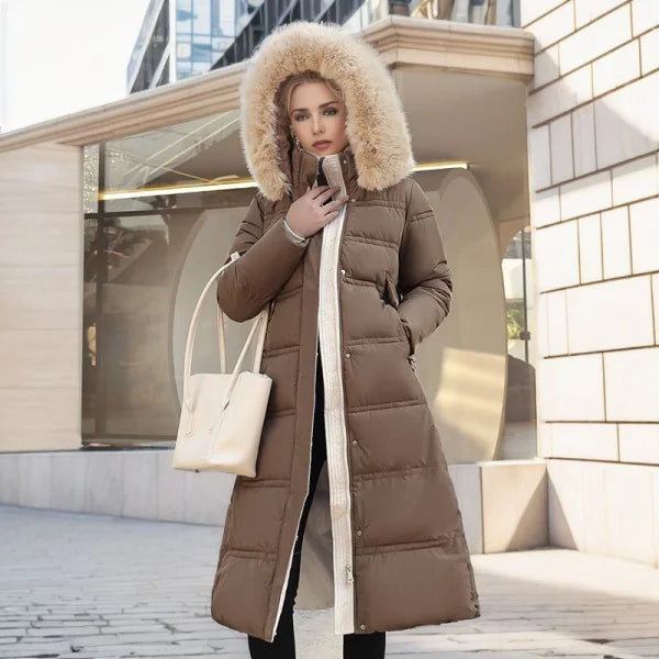 Women’s Winter Slim Long Jacket with Fur Hood and Stylish Belt - Himpall