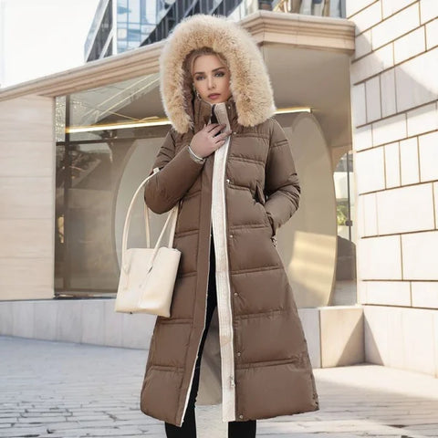 Women’s Winter Slim Long Jacket with Fur Hood and Stylish Belt - Himpall