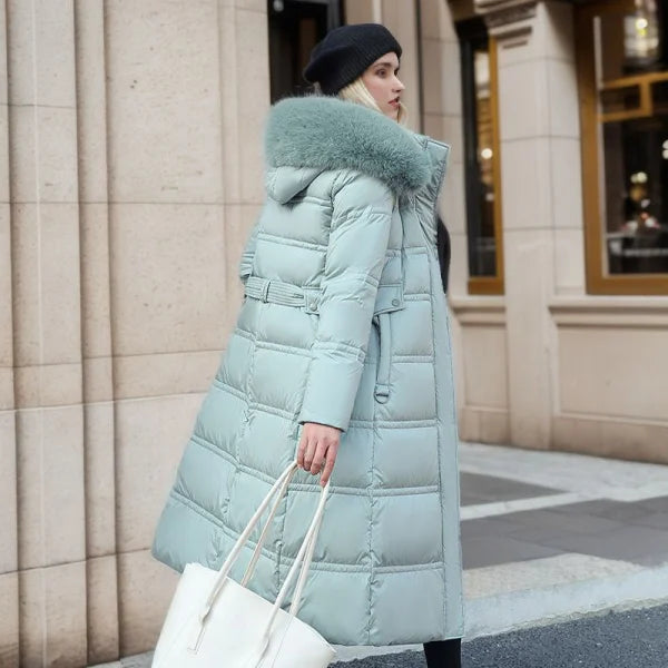 Women’s Winter Slim Long Jacket with Fur Hood and Stylish Belt - Himpall