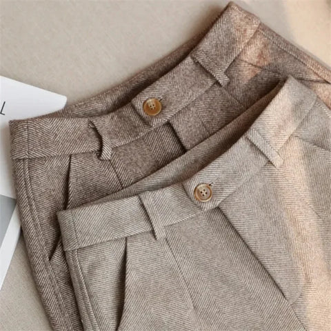 Women's Woolen Harem Pants - High Waisted Casual Pencil Trousers for Office & Autumn Winter - Himpall