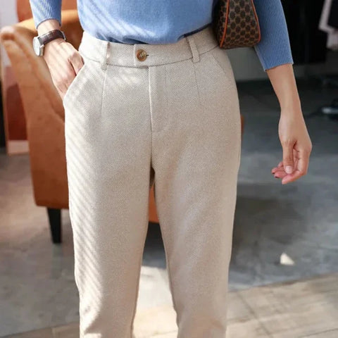 Women's Woolen Harem Pants - High Waisted Casual Pencil Trousers for Office & Autumn Winter - Himpall