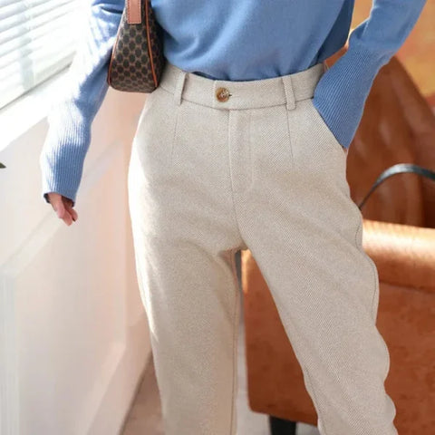 Women's Woolen Harem Pants - High Waisted Casual Pencil Trousers for Office & Autumn Winter - Himpall