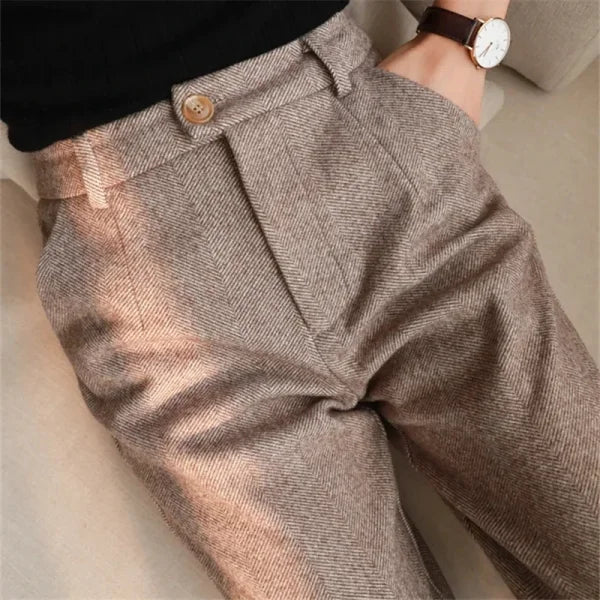Women's Woolen Harem Pants - High Waisted Casual Pencil Trousers for Office & Autumn Winter - Himpall