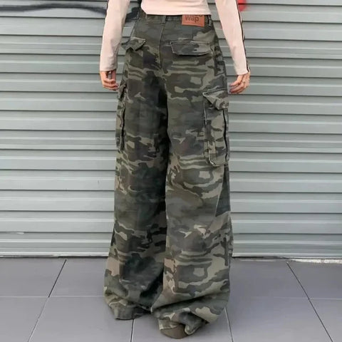 Women’s Y2K Camouflage Cargo Jeans - Vintage High Waist Wide-Leg Pants