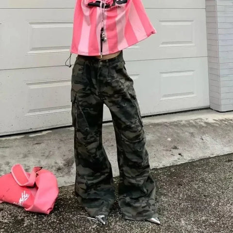 Women’s Y2K Camouflage Cargo Jeans - Vintage High Waist Wide-Leg Pants