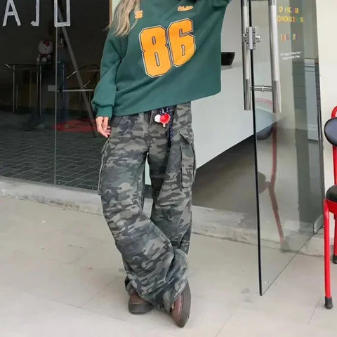 Women’s Y2K Camouflage Cargo Jeans - Vintage High Waist Wide-Leg Pants