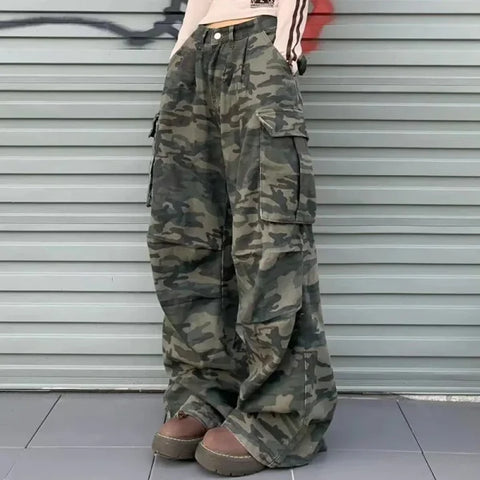 Women’s Y2K Camouflage Cargo Jeans - Vintage High Waist Wide-Leg Pants