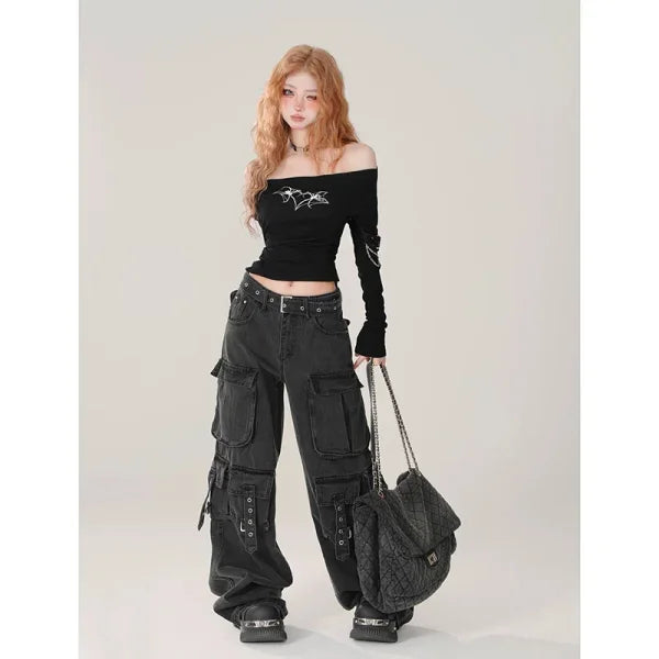 Women's Y2K Japanese Streetwear Cargo Jeans - Vintage 2000s Aesthetic - Himpall
