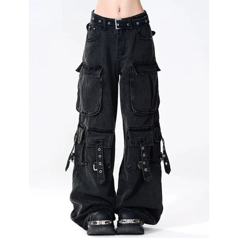 Women's Y2K Japanese Streetwear Cargo Jeans - Vintage 2000s Aesthetic - Himpall