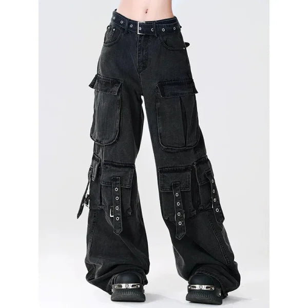 Women's Y2K Japanese Streetwear Cargo Jeans - Vintage 2000s Aesthetic - Himpall