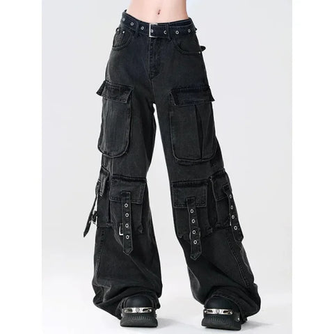 Women's Y2K Japanese Streetwear Cargo Jeans - Vintage 2000s Aesthetic - Himpall