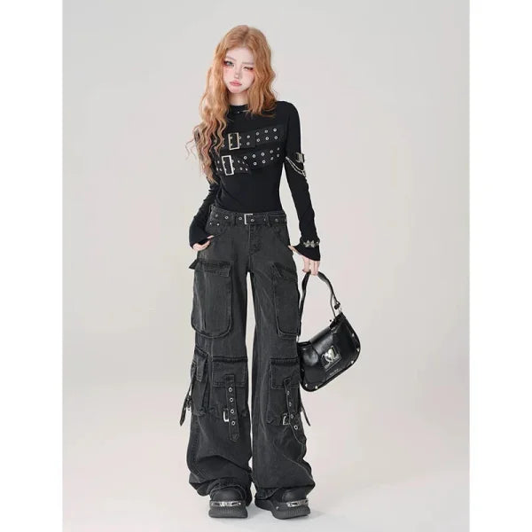 Women's Y2K Japanese Streetwear Cargo Jeans - Vintage 2000s Aesthetic - Himpall
