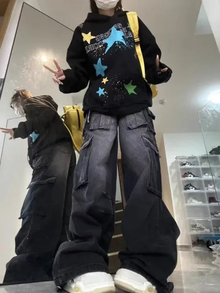 Women's Y2K Wide-Leg Cargo Jeans - Multi-Pocket Oversized Streetwear - Himpall