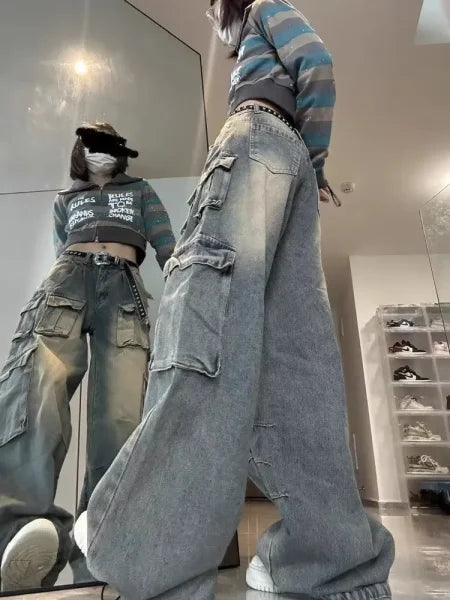 Women's Y2K Wide-Leg Cargo Jeans - Multi-Pocket Oversized Streetwear - Himpall