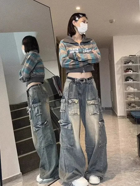 Women's Y2K Wide-Leg Cargo Jeans - Multi-Pocket Oversized Streetwear - Himpall