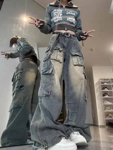 Women's Y2K Wide-Leg Cargo Jeans - Multi-Pocket Oversized Streetwear - Himpall