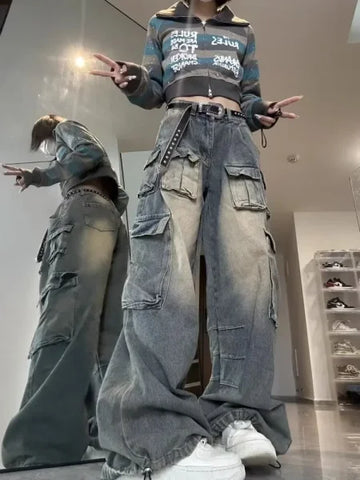 Women's Y2K Wide-Leg Cargo Jeans - Multi-Pocket Oversized Streetwear - Himpall