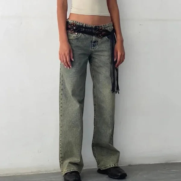 Women’s Y2K Wide Leg Denim Pants – Vintage Baggy Low Waist Boyfriend Jeans - Himpall
