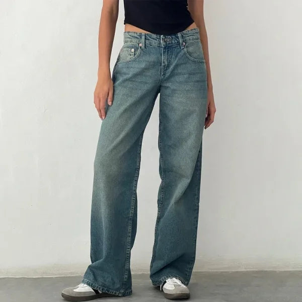 Women’s Y2K Wide Leg Denim Pants – Vintage Baggy Low Waist Boyfriend Jeans - Himpall