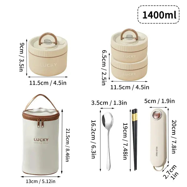 Portable 304 Stainless Steel Thermal Lunch Box Stackable Insulated Bento Box for Kids - 1400ML Beige